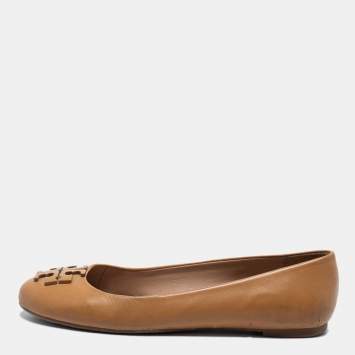 Pre Owned Tory Burch Light Brown Leather Ballet Flats Size 37