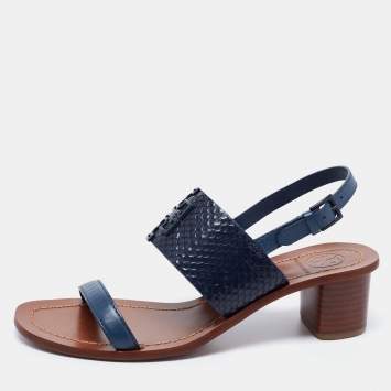 Pre Owned Tory Burch Blue Python Embossed and Leather Slingback Block Heel Sandals Size 36.5