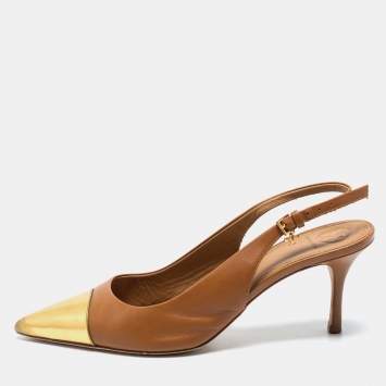 Pre Owned Tory Burch Tan/Gold Leather Penelope Slingback Pumps Size 39.5