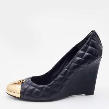 Pre Owned Tory Burch Navy Blue Quilted Leather Kaitlin Metal Cap Toe Wedge Pumps Size 39