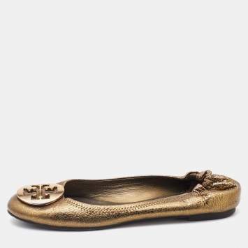 Pre Owned Tory Burch Gold Leather Minnie Scrunch Ballet Flats Size 39.5