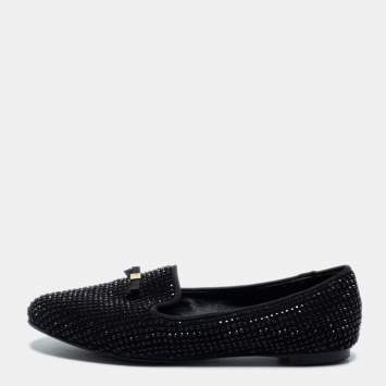 Pre Owned Tory Burch Black Crystal Embellished Suede Chandra Smoking Loafer Size 36.5 