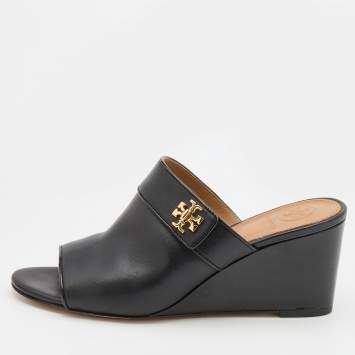 Pre Owned Tory Burch Black Leather Open Toe Wedge Sandals Size 36.5