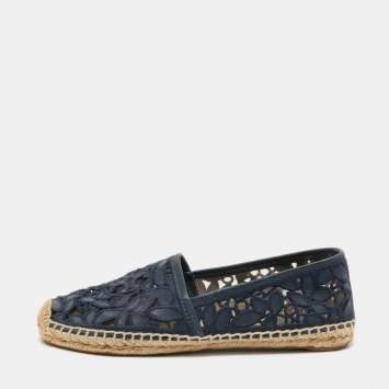 Pre Owned Tory Burch Navy Blue Mesh and Leather Trim Jacki Espadrille Flats Size 37