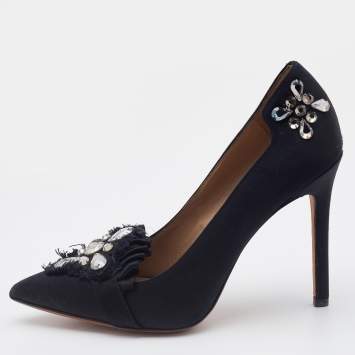 Pre Owned Tory Burch Black Satin Pleated Detail Crystal Embellished Pumps Size 35.5