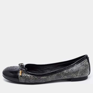 Pre Owned Tory Burch Black/Grey Patent Leather and Embossed Snakeskin Verbena Tribal Ballet Flats Size 37