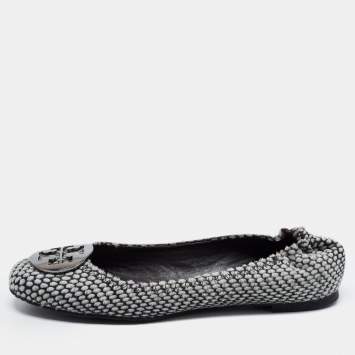 Pre Owned Tory Burch Grey/Black Calf Hair Minnie Scrunch Ballet Flats Size 38.5