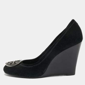 Pre Owned Tory Burch Black Suede Wedge Pumps Size 37.5