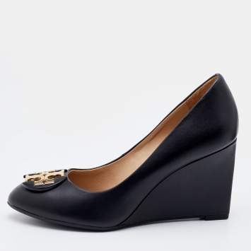 Pre Owned Tory Burch Black Leather Wedge Pumps Size 35
