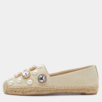 Pre Owned Tory Burch Light Beige Canvas Embellished Espadrille Flats Size 35