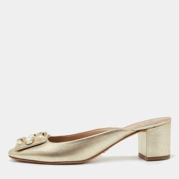 Pre Owned Tory Burch Gold Leather Vail Block Heel Mules Size 38.5