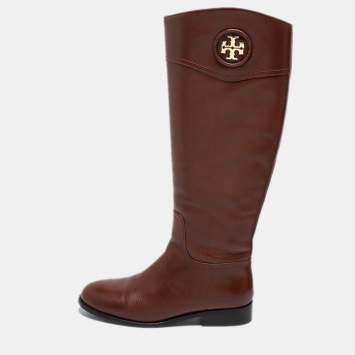 Pre Owned Tory Burch Brown Leather Knee Length Boots Size 38