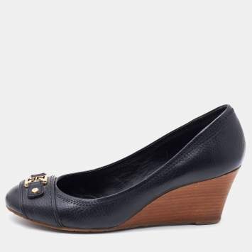 Pre Owned Tory Burch Black Leather Amanda Wedge Pumps Size 41