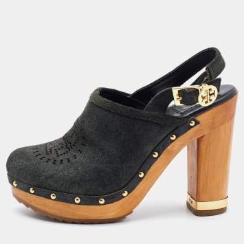 Pre Owned Tory Burch Dark Green Suede Brayden Slingback Platform Clogs Size 37.5