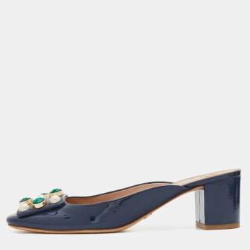 Pre Owned Tory Burch Navy Blue Patent Leather Embellished Block Heel Mules Size 38.5