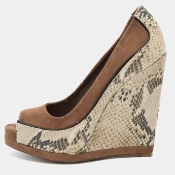 Pre Owned Tory Burch Brown Suede and Python Embossed Leather Sandra Wedge Pumps Size 38