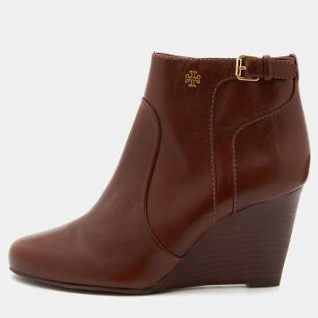 Pre Owned Tory Burch Dark Brown Leather Ankle Length Wedge Boots Size 37