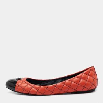 Pre Owned Tory Burch Orange/Black Quilted Leather and Patent Cap Toe Kaitlin Ballet Flats Size 39
