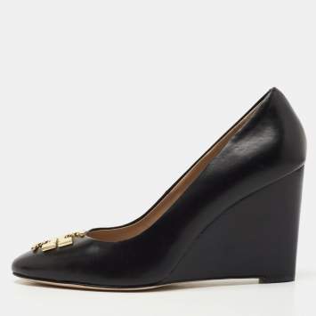 Pre Owned Tory Burch Black Leather Raleigh Wedge Pumps Size 36.5