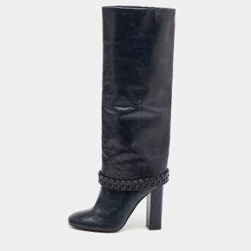Pre Owned Tory Burch Navy Blue Leather Sarava Braid Detail Knee Boots Size 37.5