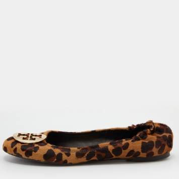 Pre Owned Tory Burch Brown Leopard Print Calf Hair Reva Ballet Flats Size 40.5