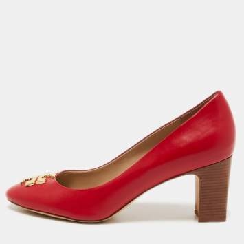 Pre Owned Tory Burch Red Leather Raleigh Block Heel Pumps Size 39