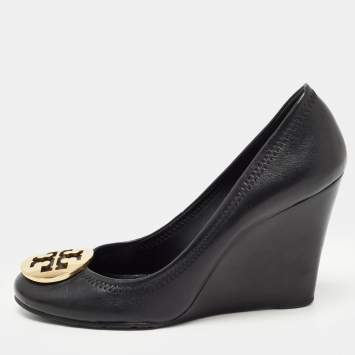Pre Owned Tory Burch Black Leather Sally Wedge Pumps Size 37.5
