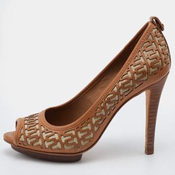 Pre Owned Tory Burch Brown Leather Regan High Heel Peep Toe Pumps Size 38