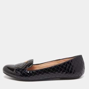 Pre Owned Tory Burch Black Quilted Patent Leather Smoking Slippers Size 37