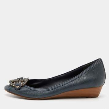 Pre Owned Tory Burch Deep Green Leather Peep Toe Ballet Flats Size 38.5