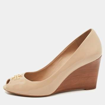 Pre Owned Tory Burch Nude Patent Leather Lowell Peep Toe Wedge Pumps Size 38