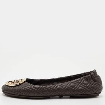 Pre Owned Tory Burch Brown Leather Scrunch Ballet Flats Size 36