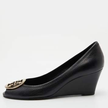 Pre Owned Tory Burch Black Leather Sophie Peep-Toe Wedge Pumps Size 39.5