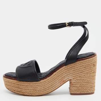 Pre Owned Tory Burch Black Leather Cork Wedge Strappy Platform Sandals Size 39.5