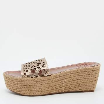 Pre Owned Tory Burch Metallic Leather Thatched Espadrille Platform Wedge Sandals Size 37.5