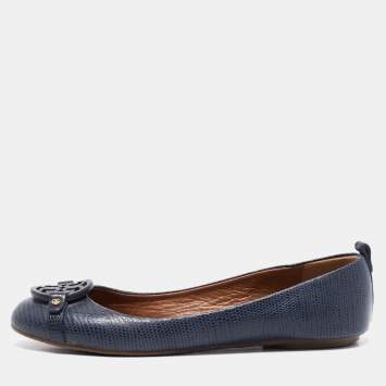 Pre Owned Tory Burch Navy Blue Lizard Embossed Leather Ballet Flats Size 37.5
