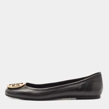 Pre Owned Tory Burch Black Leather Reva Ballet Flats Size 39.5