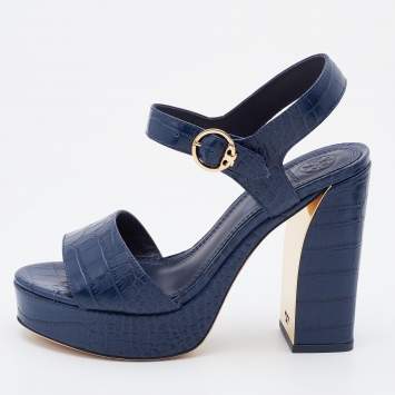 Pre Owned Tory Burch Blue Croc Embossed Leather Block Heel Ankle Strap Sandals Size 37.5