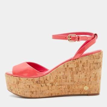 Pre Owned Tory Burch Pink Patent  Leather Dahlia Cork Platform Wedge Sandals Size 38.5