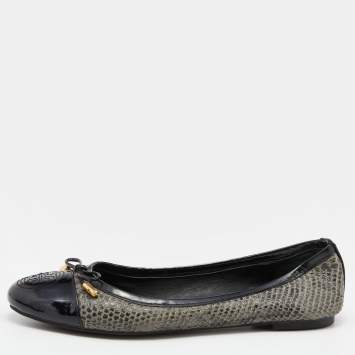 Pre Owned Tory Burch Grey/Black Python Embossed Leather and Patent Leather Ballet Flats Size 38.5