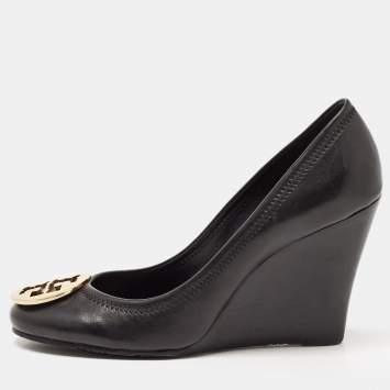 Pre Owned Tory Burch Black Leather Sophie Wedge Pumps Size 39.5