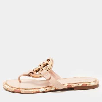 Pre Owned Tory Burch Pink Leather Enamel Logo Miller Thong Flats Size 36.5