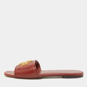 Pre Owned Tory Burch Brown Leather Eleanor Flat Slides Size 38.5
