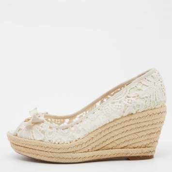مملوكة مسبقًا Tory Burch White Lace Jackie Peep Toe Espadrilles Wedge Sandal Size 39