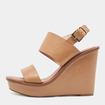 Pre Owned Tory Burch Beige Leather Lexington Wedge Sandals Size 39.5