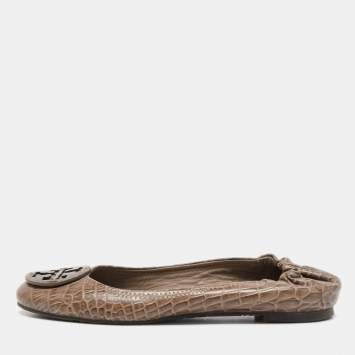 مملوكة مسبقًا Tory Burch Brown Croc Embossed Leather Reva Ballet Flats Size 37