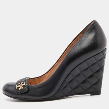 Pre Owned Tory Burch Black Quilted Leather Leila Wedge Pumps Size 40.5