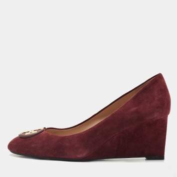 Pre Owned Tory Burch Burgundy Suede Luna Wedge Pumps Size 38.5 