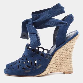 Pre Owned Tory Burch Navy Blue Laser Cut Suede Ankle Tie Wedge Sandals Size 36.5