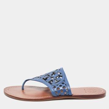 Pre Owned Tory Burch Navy Blue Lattice Leather Flat Thong Sandals Size 38
